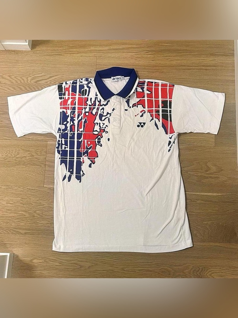 Onex White Polo with Red & Blue Grid Graphic